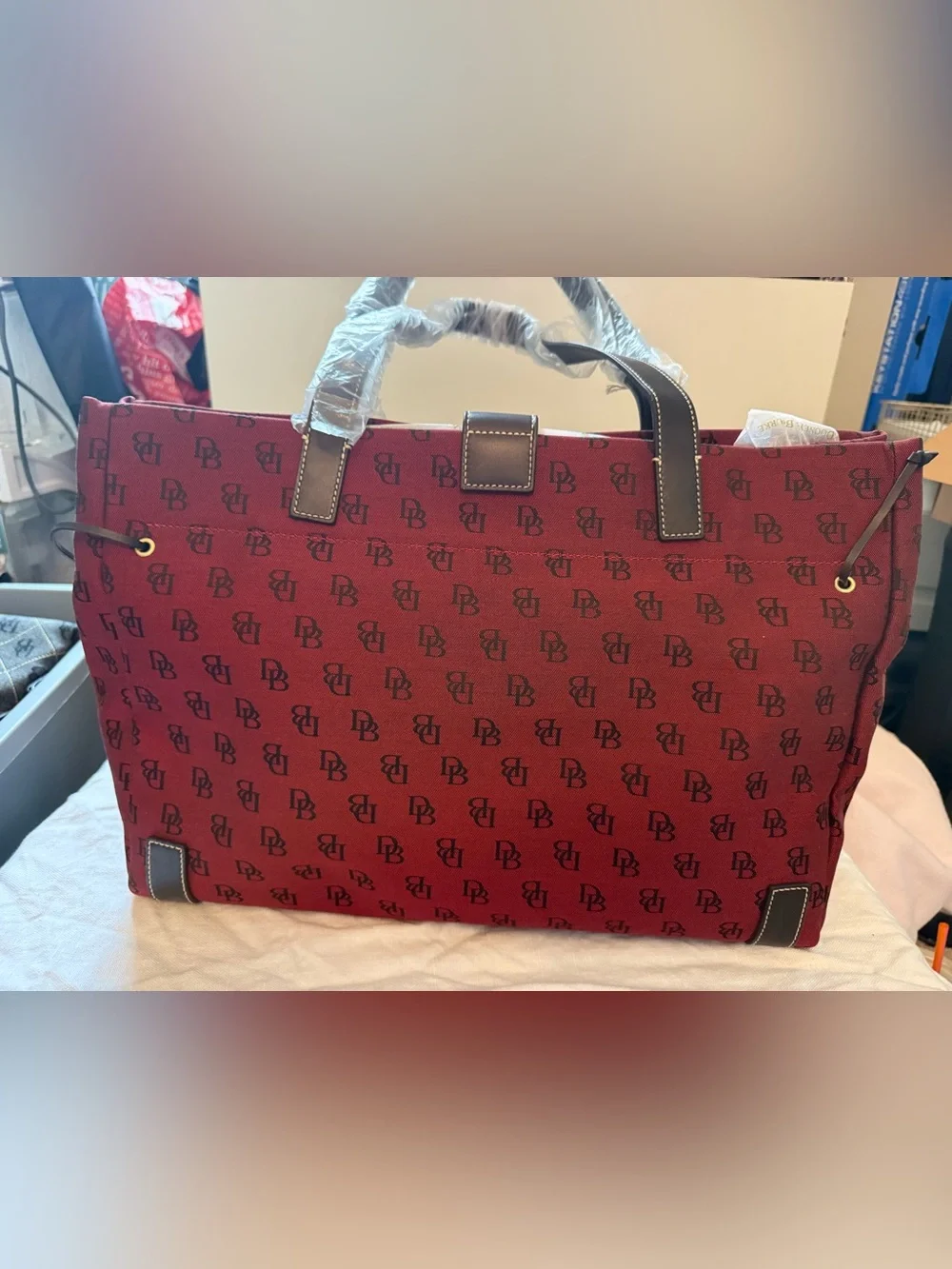 Dooney & Bourke Red Logo Canvas Tote with Brown Leather Trim